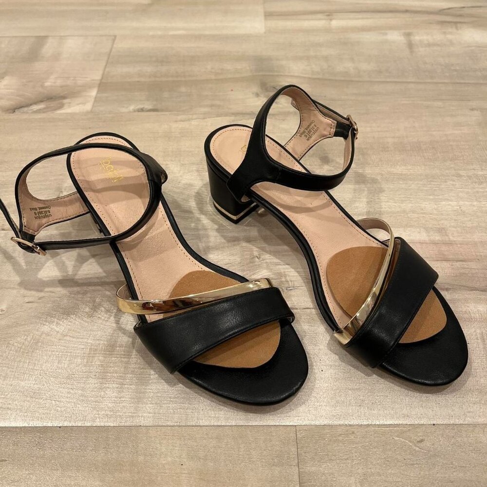 Black and gold block heel sandals